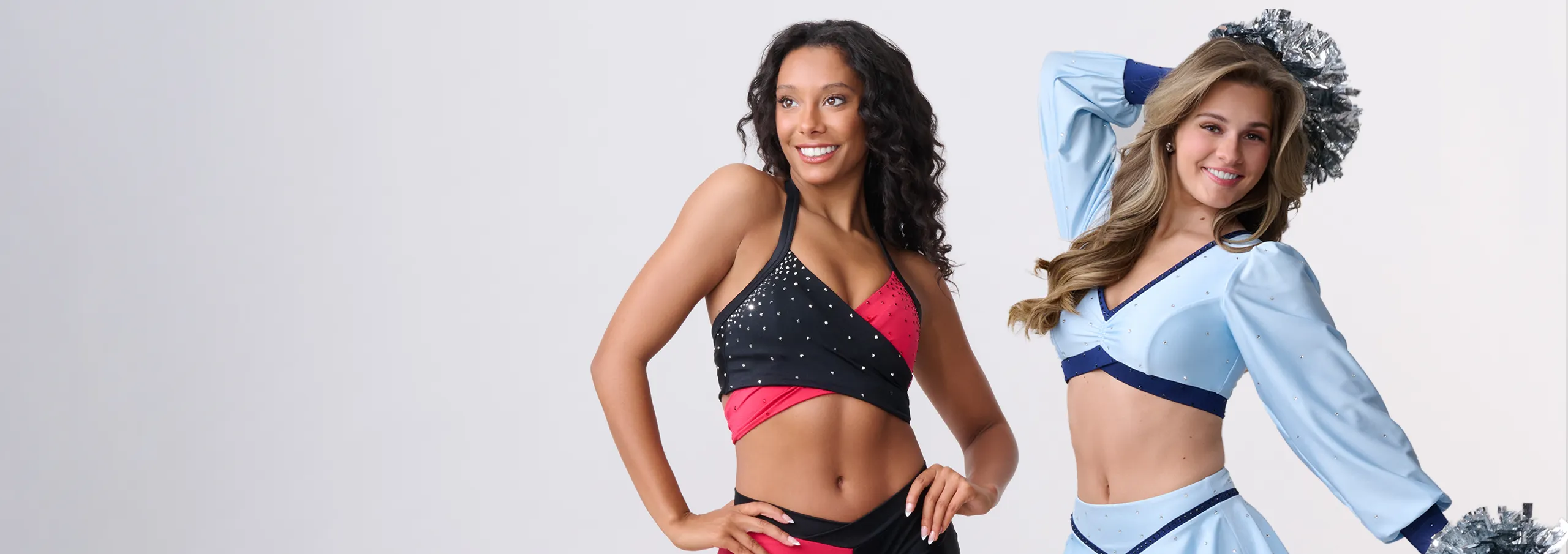 two models wearing satin stitches custom dance costumes for nba auditions